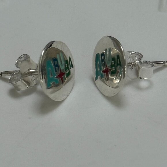 Aruba Flag Earrings S925 Sterling Silver Stud Earrings Handmade - Picture 2 of 3